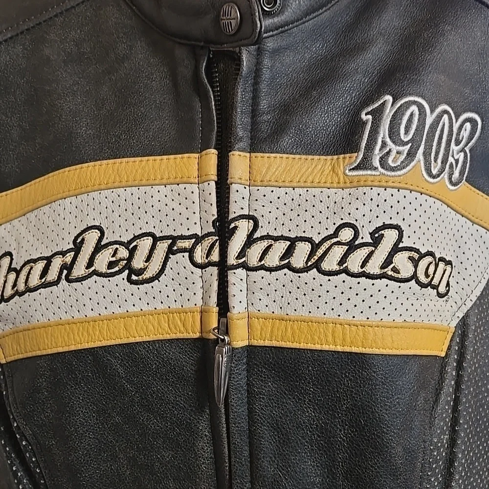 Harley-Davidson Leather Jacket Size 1W Unique Distressed Black Yellow Ivory - Picture 9 of 15